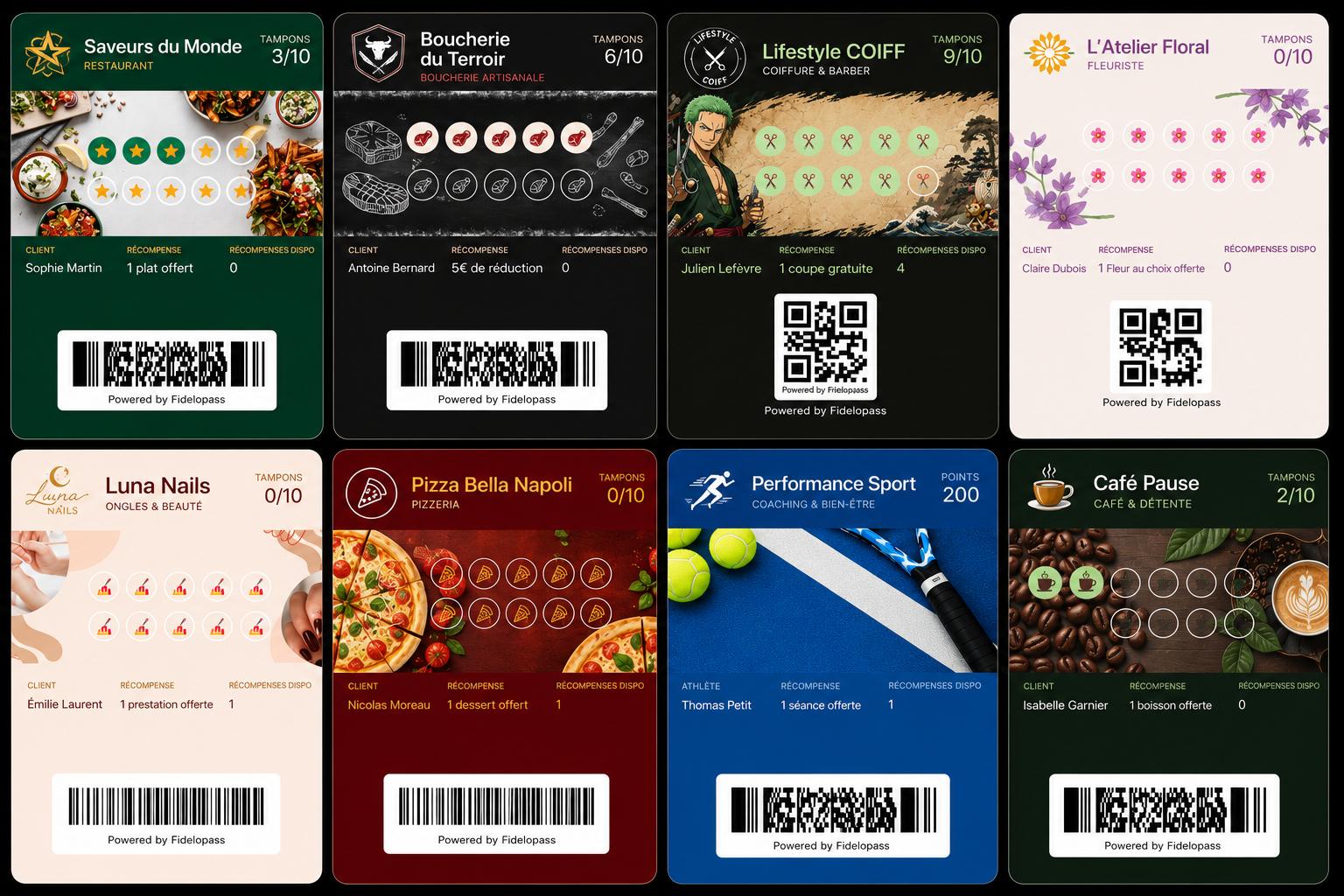 Exemples de cartes de fidélité Fidelopass personnalisées dans Apple Wallet et Google Wallet : restaurant, boucherie, coiffeur, fleuriste, nail salon, pizzeria, sport, café